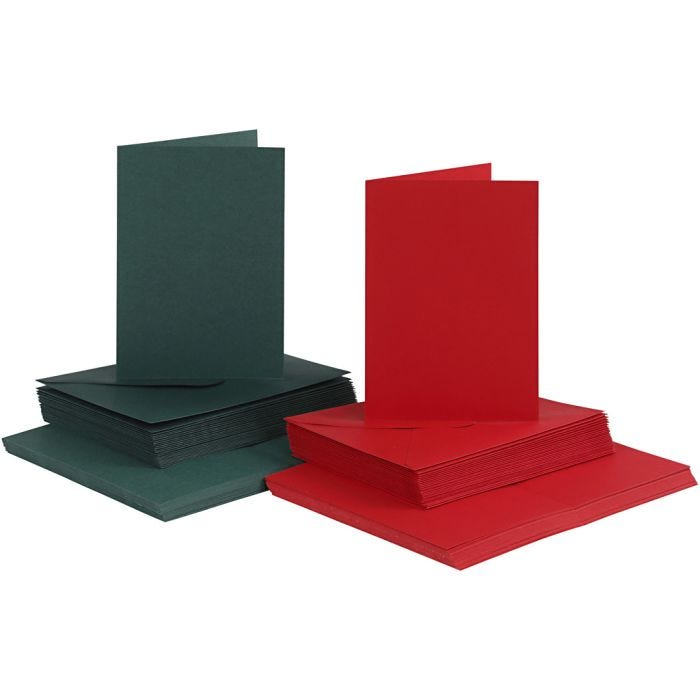 Cards and envelopes, card size 10,5x15 cm, envelope size 11,5x16,5 cm, 110+230 g, green, red, 50set/ 1 pack