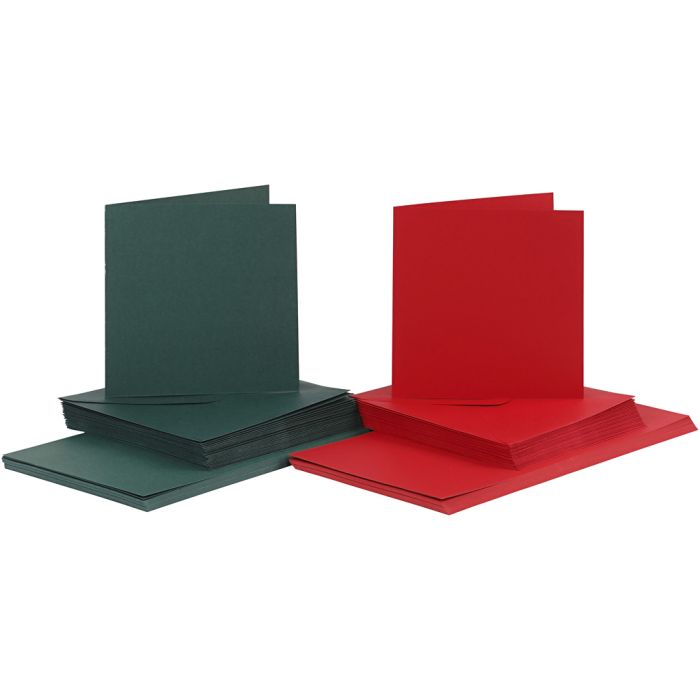 Cards and envelopes, card size 15x15 cm, envelope size 16x16 cm, 110+230 g, green, red, 50set/ 1 pack