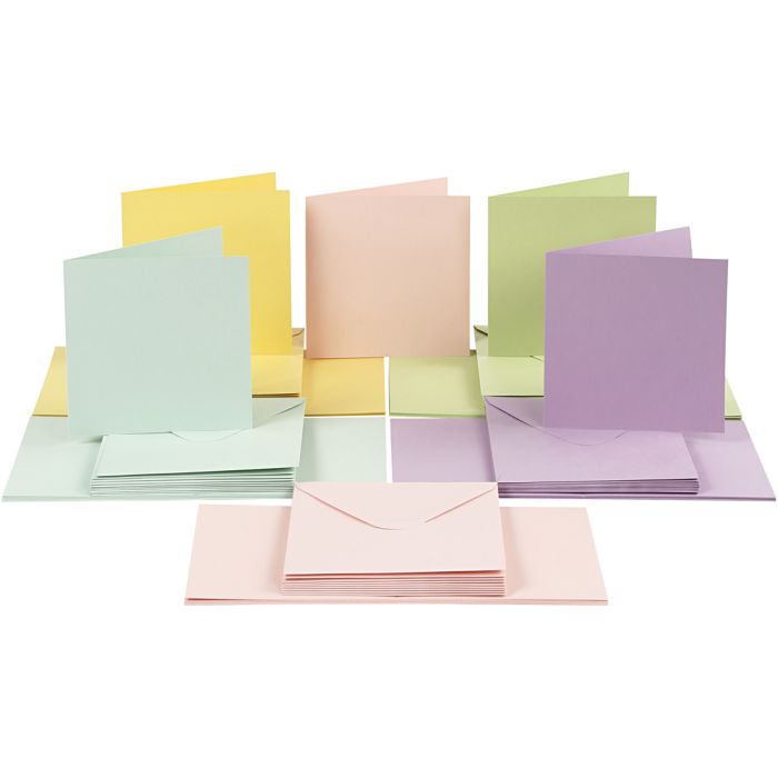 Cards and envelopes, card size 15x15 cm, envelope size 16x16 cm, 110+220 g, pastel colours, 50set/ 1 pack