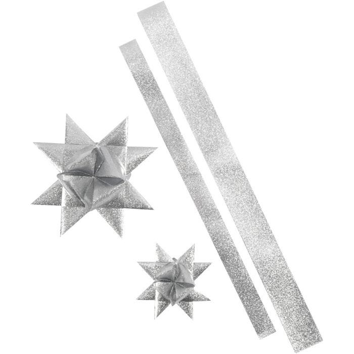Star Strips, L: 86+100 cm, W: 25+40 mm, dia. 11,5+18,5 cm, glitter silver, 16strips/ 1 pack