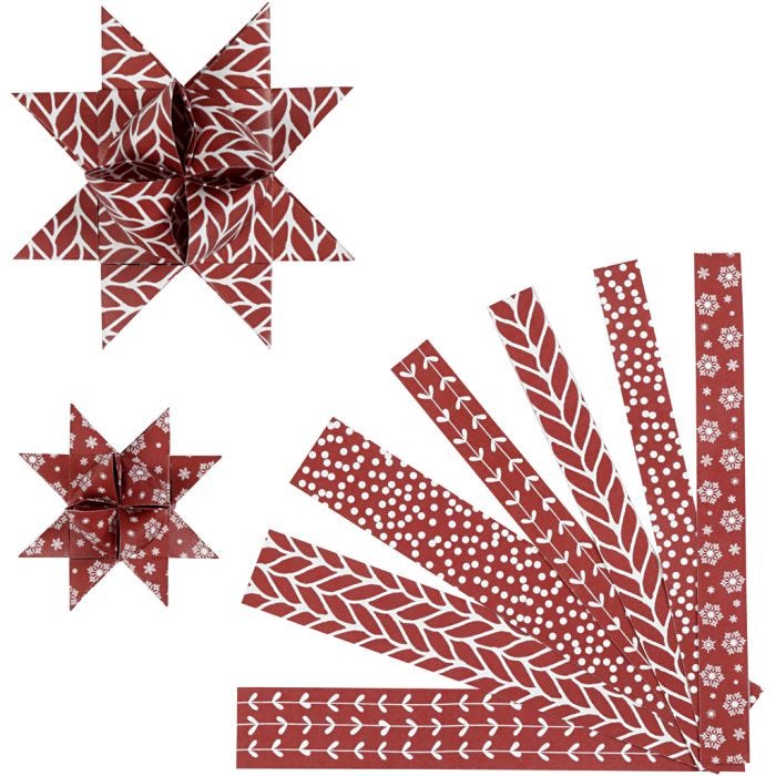 Paper Star Strips, L: 44+78 cm, dia. 6,5+11,5 cm, W: 15+25 mm, red, white, 60strips/ 1 pack