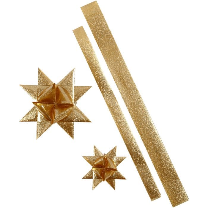 Star Strips, L: 86+100 cm, dia. 11,5+18,5 cm, W: 25+40 mm, gold glitter, 16 strips/ 1 pack
