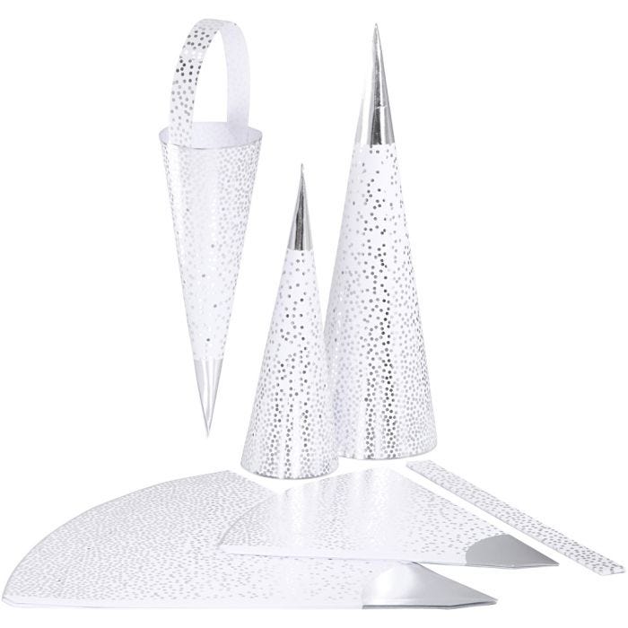 Cones, H: 18+28 cm, 120 g, silver, white, 3 pc/ 1 pack