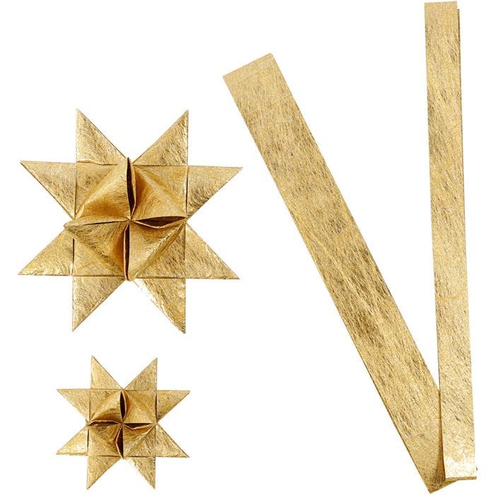 Paper star strips, L: 44+78 cm, dia. 6,5+11,5 cm, W: 15+25 mm, gold, 32strips/ 1 pack