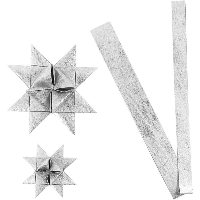 Paper star strips, L: 44+78 cm, dia. 6,5+11,5 cm, W: 15+25 mm, silver, 32strips/ 1 pack