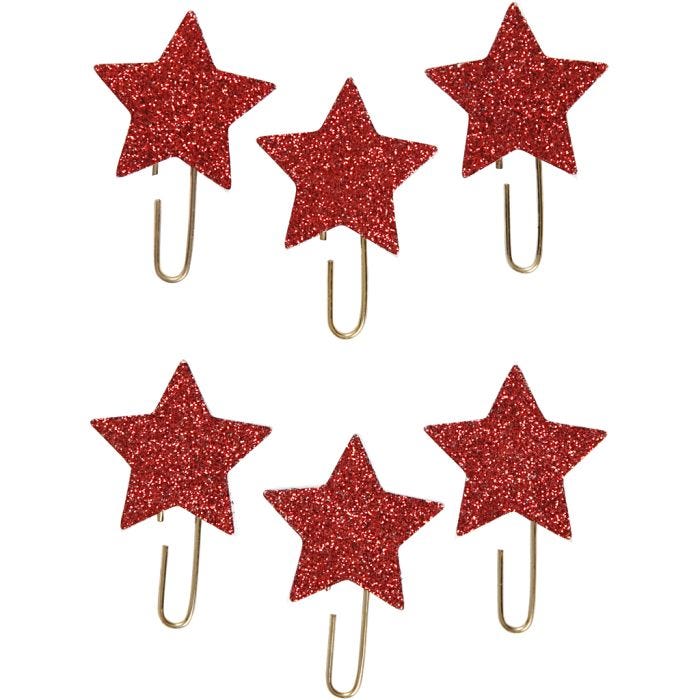 Metal Paperclips, star, dia. 30 mm, red glitter, 6 pc/ 1 pack