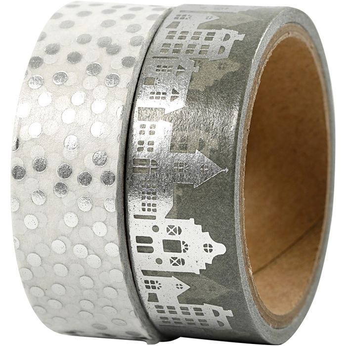 Washi Tape, houses and dots - foil, W: 15 mm, silver, 2x4 m/ 1 pack