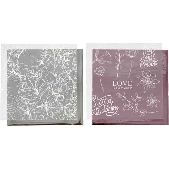 Deco Foil and transfer sheet, flowers, sheet 15x15 cm, rose, silver, 4sheet/ 1 pack