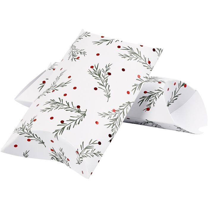 Pillow box, spruce branch with christmas balls, size 18x15x6 cm, 300 g, green, metallic red, white, 3 pc/ 1 pack