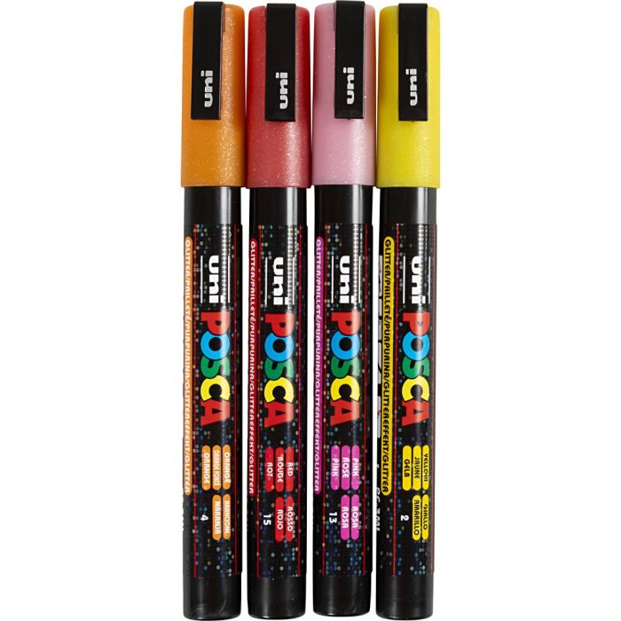 Posca Marker, no. PC-3M, line 0,9-1,3 mm, fine, glitter colours, 4 pc/ 1 pc