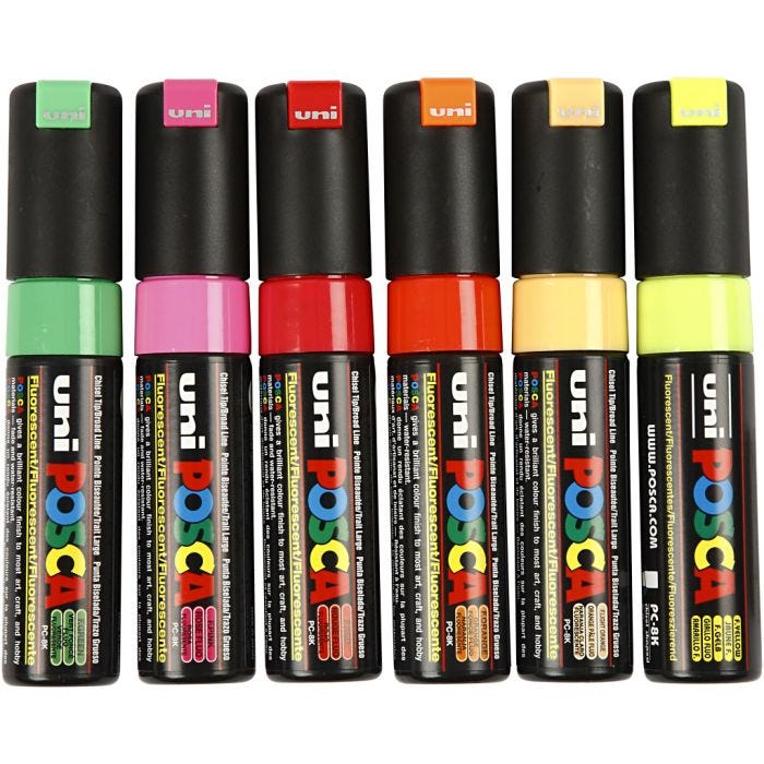 Posca Marker, no. PC-8K, line 8 mm, broad, assorted colours, 6 pc/ 1 pack