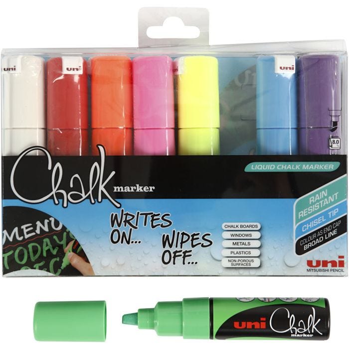 Chalk Pen, line 8 mm, assorted colours, 8pc/ 1 pack