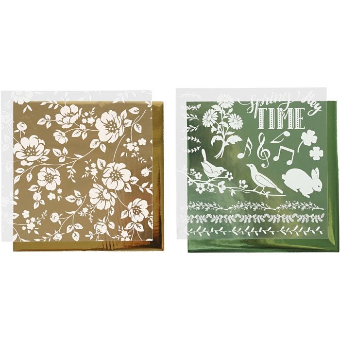 Deco Foil and transfer sheet, flowers, sheet 15x15 cm, gold, green, 2x2sheet/ 1 pack