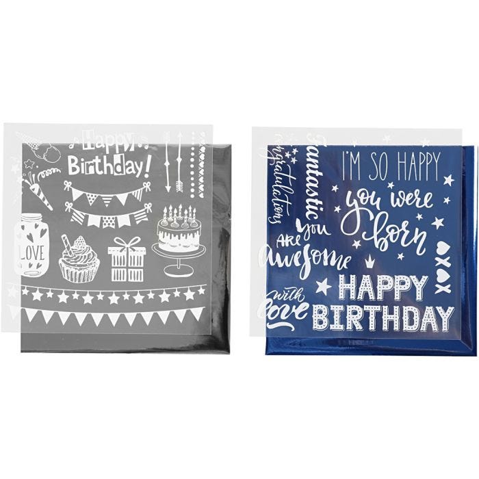Deco Foil and transfer sheet, birthday, sheet 15x15 cm, dark blue, silver, 2x2 sheet/ 1 pack
