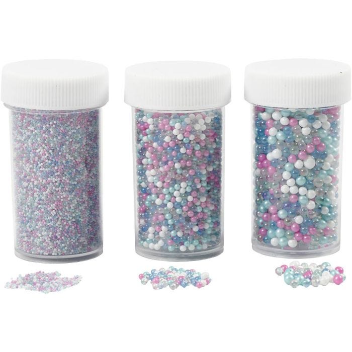 Mini Glass Beads, size 0,6-0,8+1,5-2+3 mm, pastel colours, 3x45g/ 1 pack