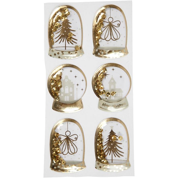 Shaker stickers, angel, tree and houses, size 49x32+45x36 mm, gold, 6 pc/ 1 pack
