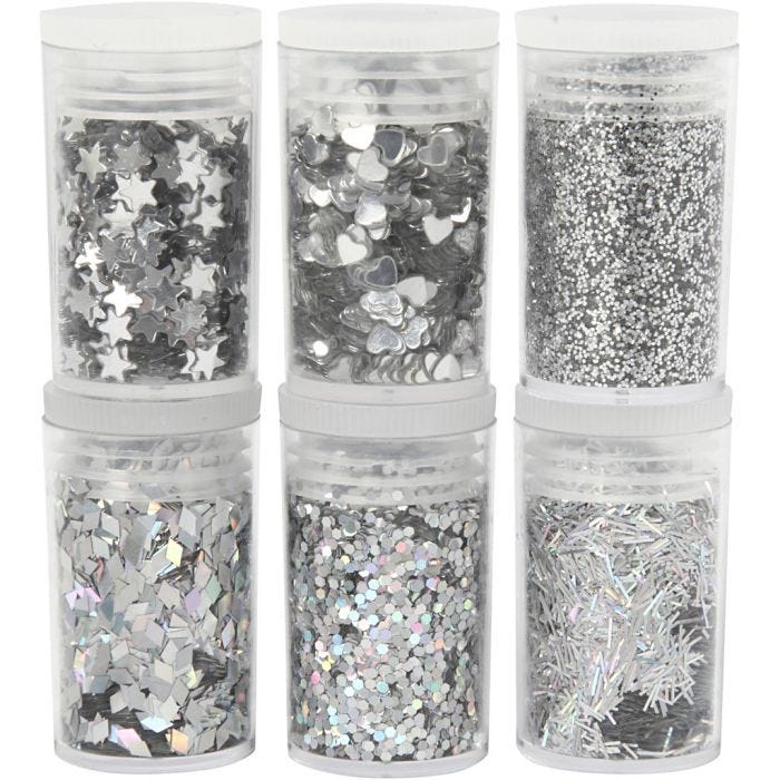 Biodegradable Sparkles &amp; Sequins, silver, 6x7 ml/ 1 pack