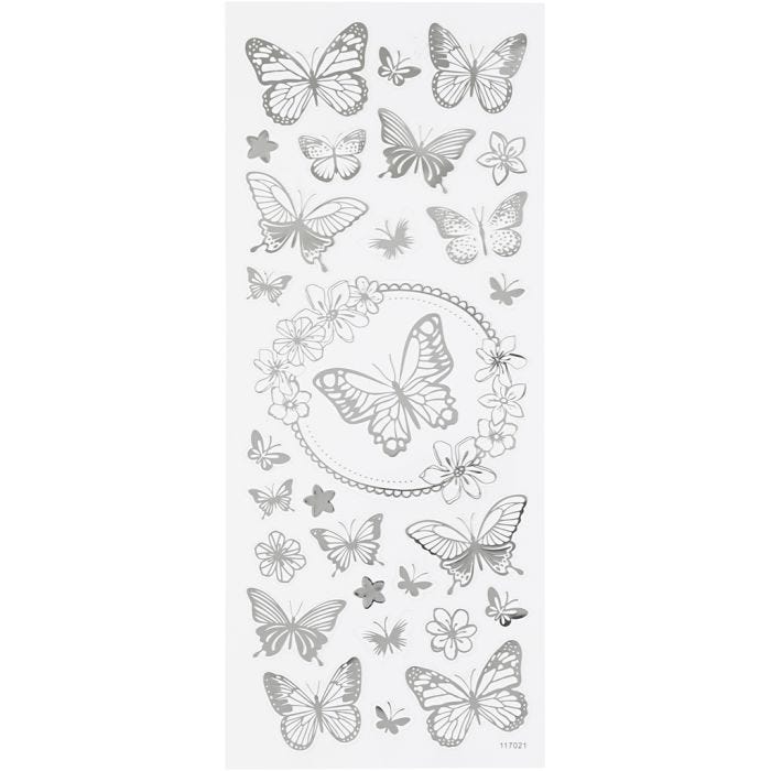Stickers, butterflies, sheet 10x24 cm, silver, 1 sheet