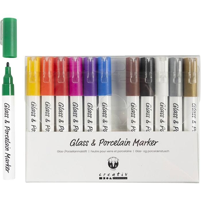 Glass &amp; Porcelain Marker, line 1-2 mm, semi opaque, assorted colours, 12pc/ 1 pack