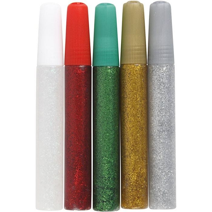 Glitter Glue, assorted colours, 5x10 ml/ 1 pack