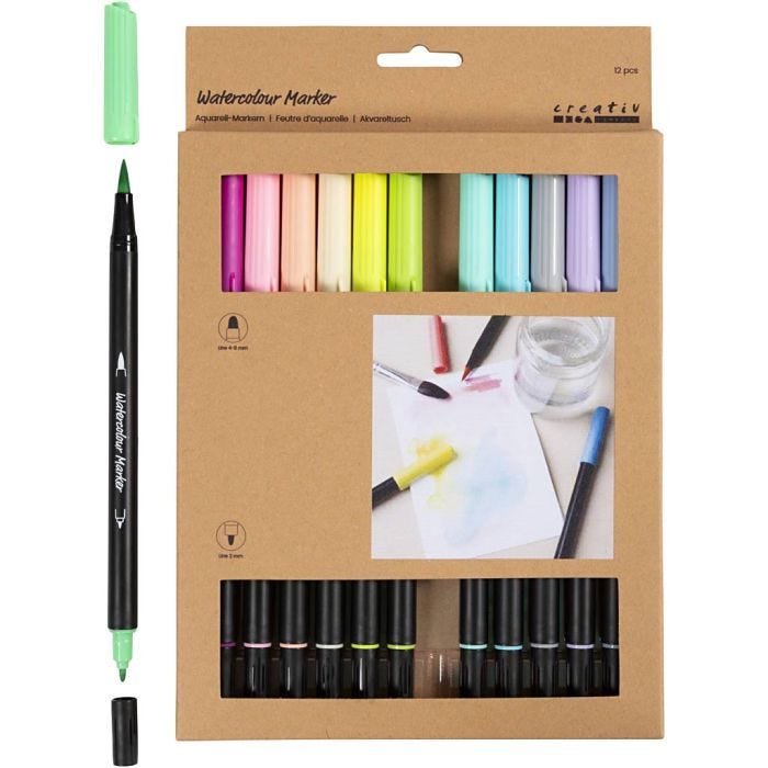 Watercolour Marker, Pastel, line 2+4-8 mm, assorted colours, 12 pc/ 1 pack