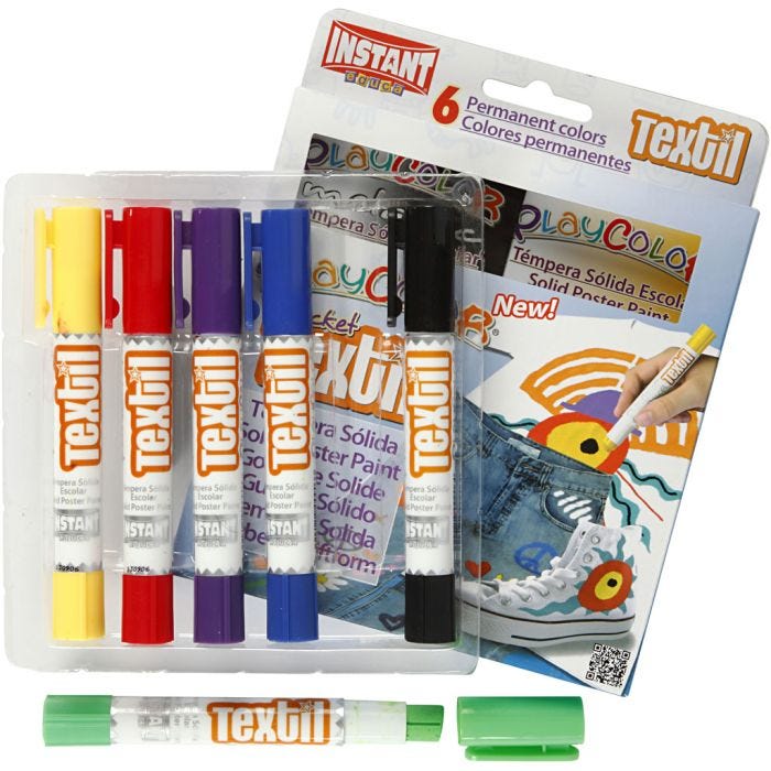 Playcolor Textile Marker, L: 14 cm, assorted colours, 5 g, 6 pc/ 1 pack