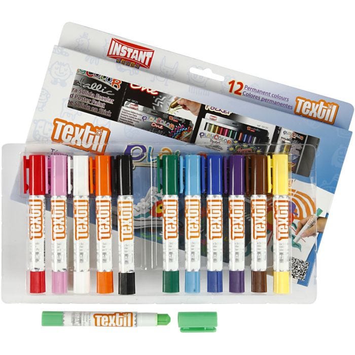 Playcolor Textile Marker, L: 14 cm, assorted colours, 5 g, 12 pc/ 1 pack