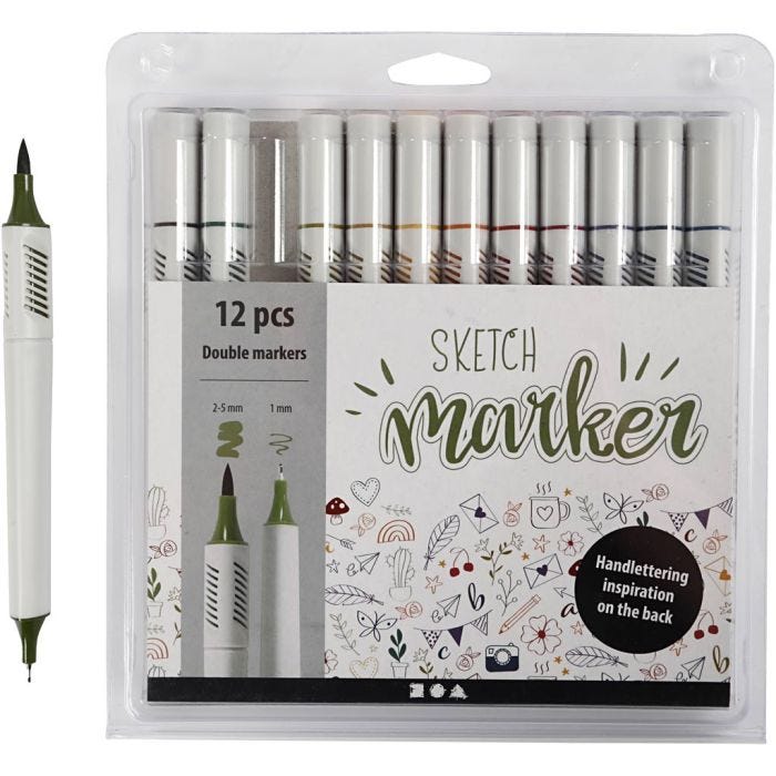 Sketch markers, line 1+2-5 mm, mute colours, 12 pc/ 1 pack