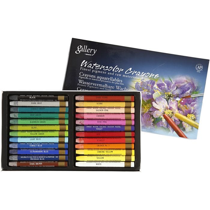 Watercolor Crayons, L: 9,3 cm, assorted colours, 24 pc/ 1 pack