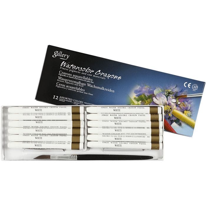Watercolor Crayons, L: 9,3 cm, thickness 8 mm, white (301), 12 pc/ 1 pack