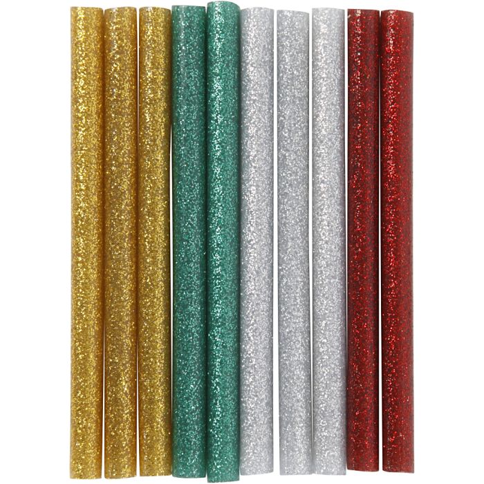 Glue Sticks Mini, L: 10 cm, dia. 7 mm, glitter, gold, green, red, silver, 10 pc/ 1 pack