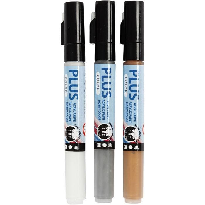 Plus Color Marker, L: 14,5 cm, line 1-2 mm, gold, silver, off-white, 5,5 ml, 3 pc/ 1 pack