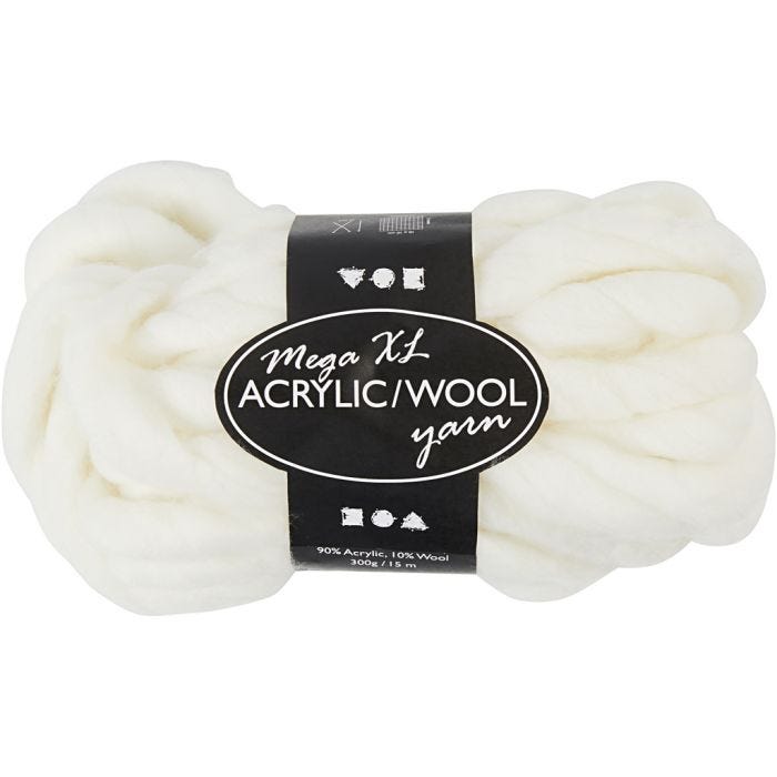 Chunky Yarn of Acrylic/Wool, L: 15 M, size mega, off-white, 300g/ 1 ball