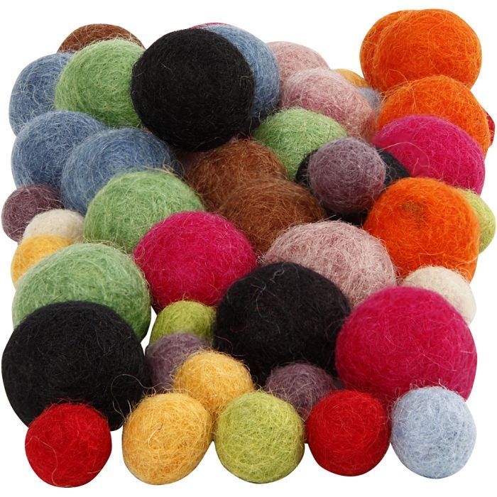 Felt balls, dia. 10+20 mm, assorted colours, 52 pc/ 1 pack