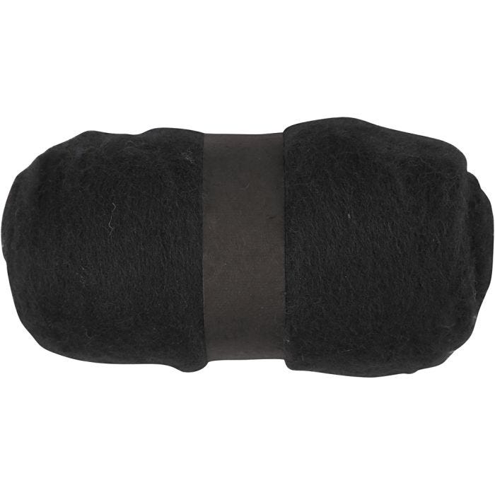 Carded Wool, black, 100 g/ 1 bundle