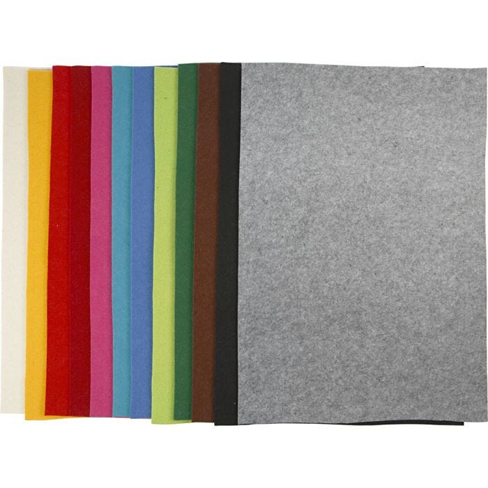 Craft Felt, sheet 42x60 cm, thickness 3 mm, assorted colours, 12 ass sheets/ 1 pack