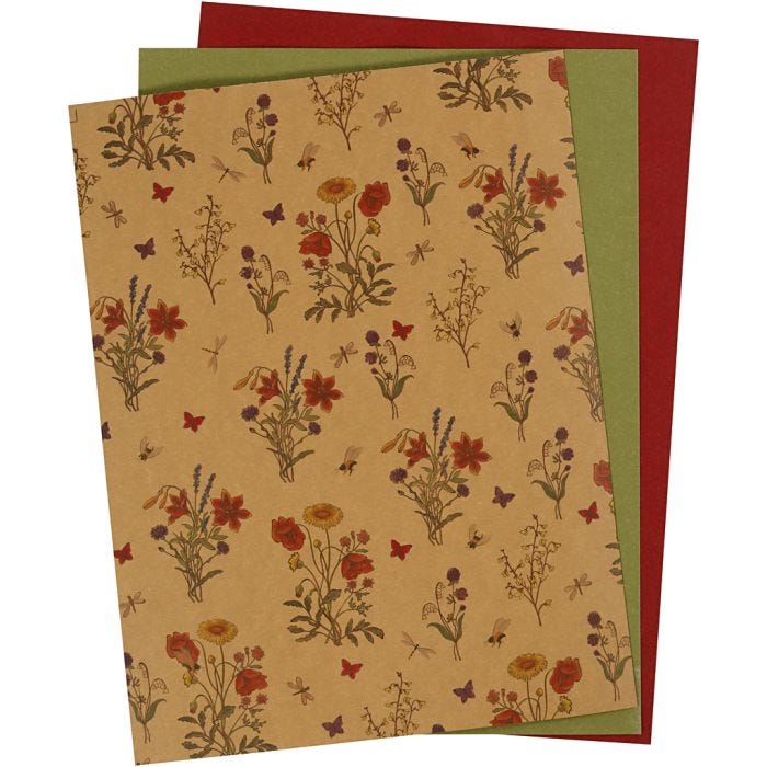 Faux Leather Paper, sheet 21x27,5+21x28,5+21x29,5 cm, thickness 0,55 mm, one coloured,printed, natural, green, red, 3 sheet/ 1 pack