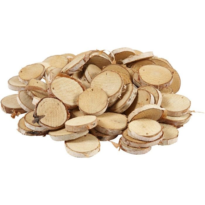Wooden disc with hole, dia. 35-45 mm, hole size 4 mm, thickness 7 mm, 500 g/ 1 pack