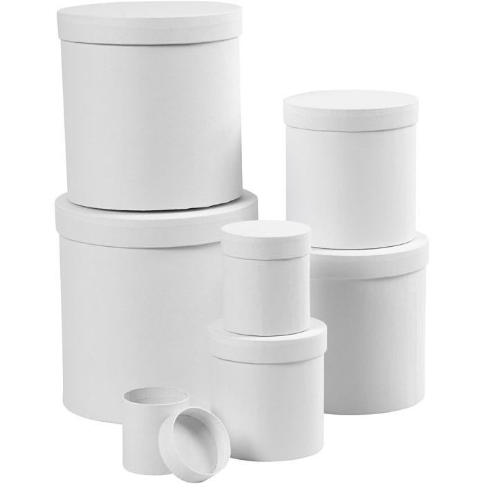 Boxes, round, 7,5+10,2 +12,7+15,2 +17,7+20,2 +22,7 cm, 7+9 +12+14,5 +17+19,5 +22 cm, white, 7pc/ 1 set
