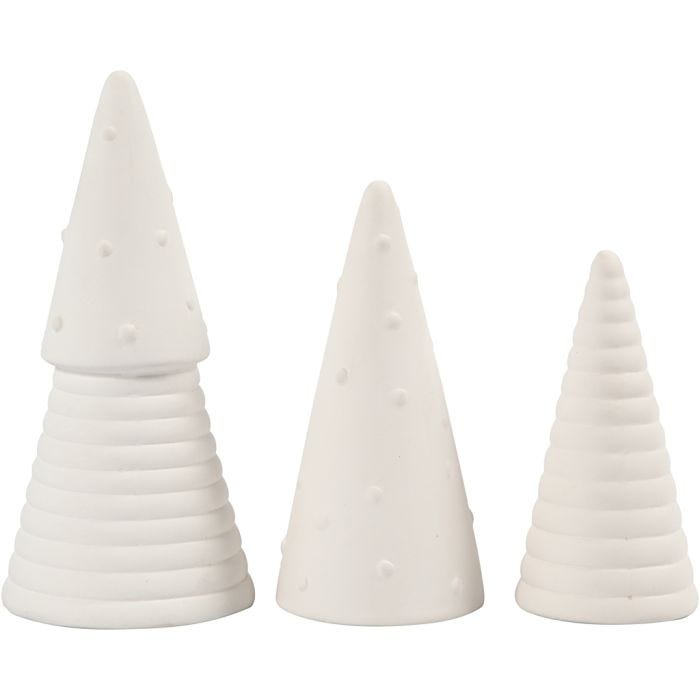 Christmas Trees, H: 10+12+15 cm, dia. 5+6+7 cm, white, 3 pc/ 1 pack