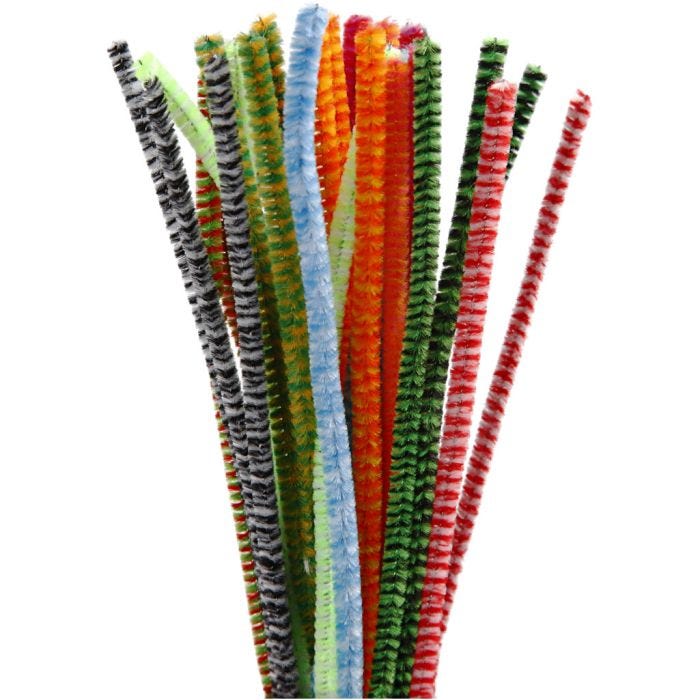Chenille, striped, L: 30 cm, thickness 6 mm, assorted colours, 30 asstd./ 1 pack