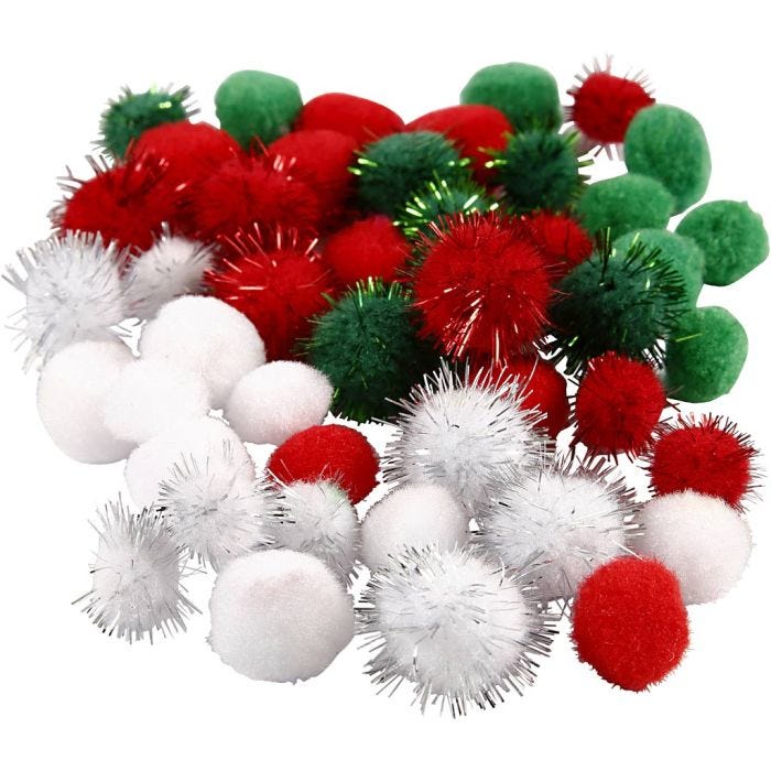 Pom poms, dia. 15+20 mm, green, red, white, 48 asstd./ 1 pack