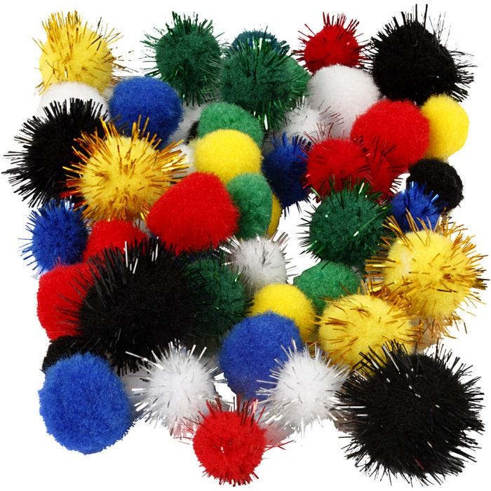 Pom poms, dia. 15+20 mm, assorted colours, 48 asstd./ 1 pack