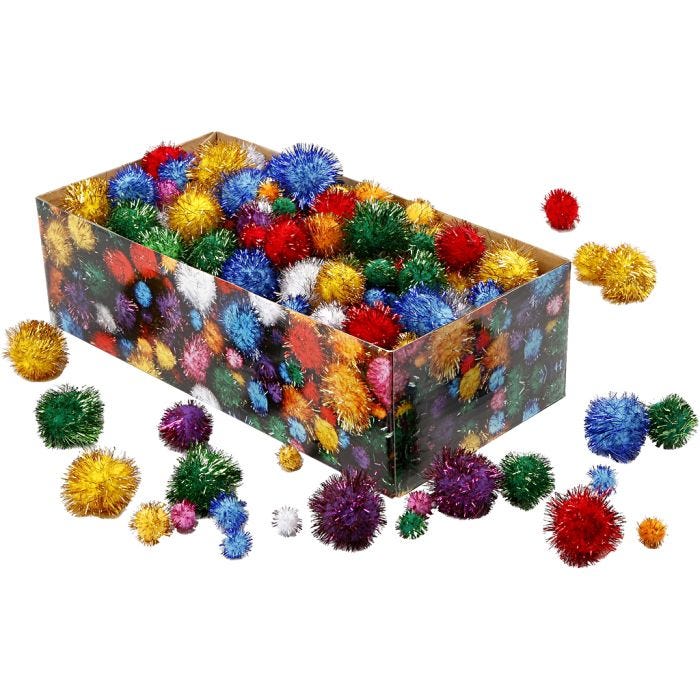 Pompoms, 15-40 mm, glitter, bold colours, 300g/ 1 pack
