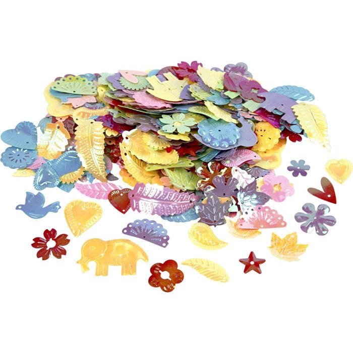 Sequins, 15-45 mm, mother of pearl colours, 400g/ 1 pack