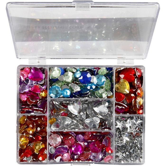 Rhinestones in Display Box, Rounds. stars. hearts, dia. 6+7+9+10+11+12+14+16 mm, blue, pink, silver, 300 pc/ 1 pack