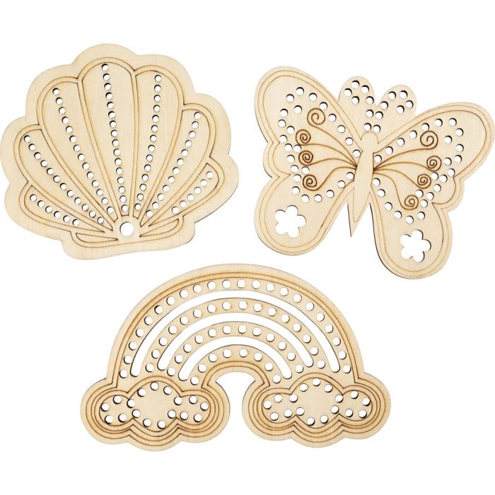 Wooden Shape with Holes, Rainbow, shell, butterfly, size 7,5-13 cm, 6 pc/ 1 pack