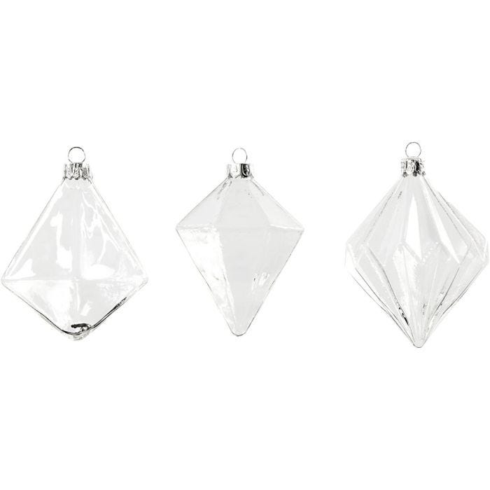 Glass Ornaments, H: 9,6+9,8+10,5 cm, dia. 7+7,9+8 cm, transparent, 3 pc/ 1 pack