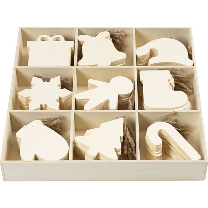 Wooden Ornament, assorted figures, size 7-9 cm, thickness 4 mm, 90 pc/ 1 pack
