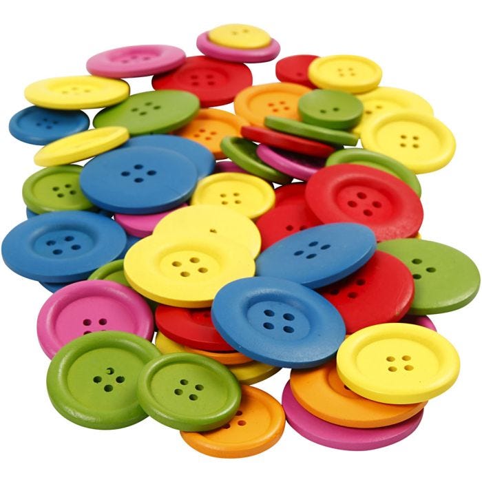 Wooden Buttons, dia. 25-40 mm, 2-4 holes, assorted colours, 144 pc/ 1 pack